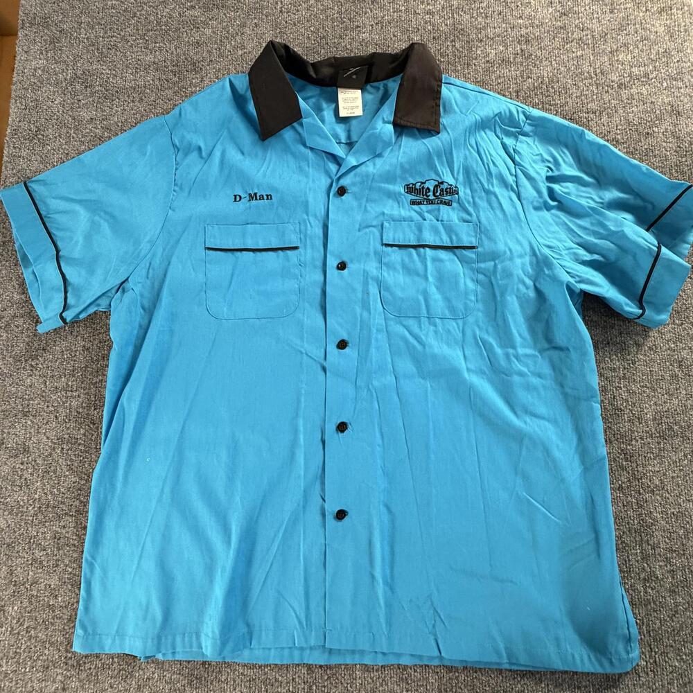 Hilton Bowling Pro Shirt XL White Castle D-Man Retro Blue Black Button Up 868‎
